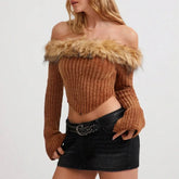 Off Shoulder Knitted Fur Trim Brown Crop Top